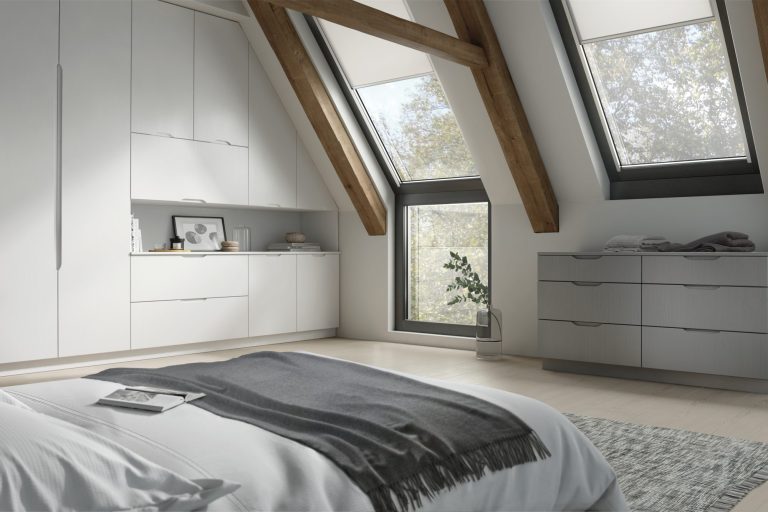 Neptune Fitted Wardrobe, shown here in a beautiful Legno White and Light Grey finish